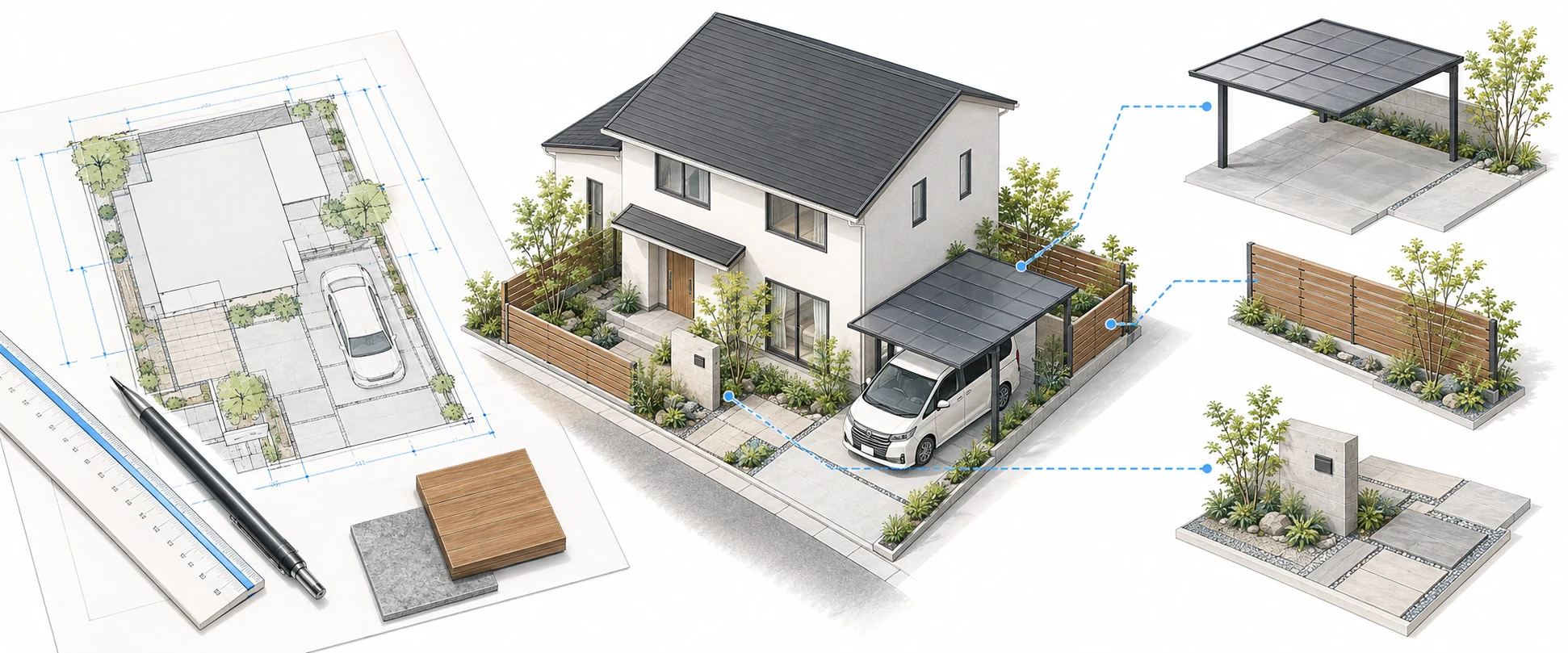 住宅の外構を、配置図とカーポート・目隠しフェンス・門まわりの工事項目に分けて考える図解イラスト