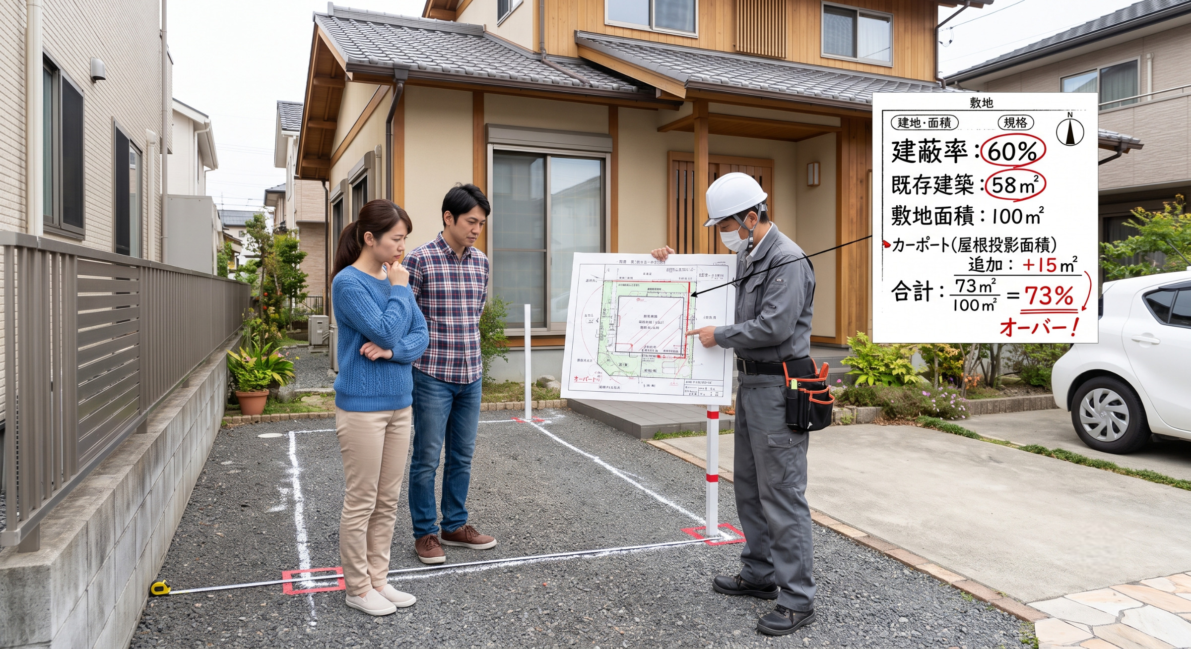 カーポート設置における確認申請と建ぺい率制限の関係性の図解