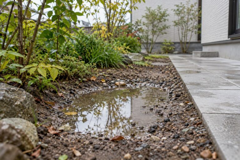 雨上がりの庭で舗装の脇に残った浅い水たまり
