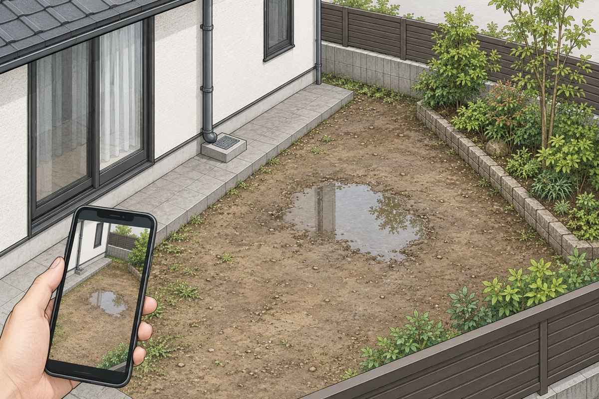 水たまりと建物・舗装・植栽・見える雨水設備を一緒に撮影して記録する庭の配置イラスト