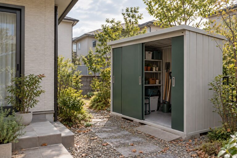 住宅脇の通路から、引戸を開けた庭の物置へ近づく場面