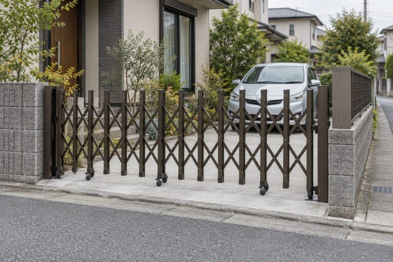 住宅の車庫前を閉じた伸縮門扉と、奥に停めた乗用車