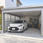 車の横に通路と収納を残したガレージの空間イラスト