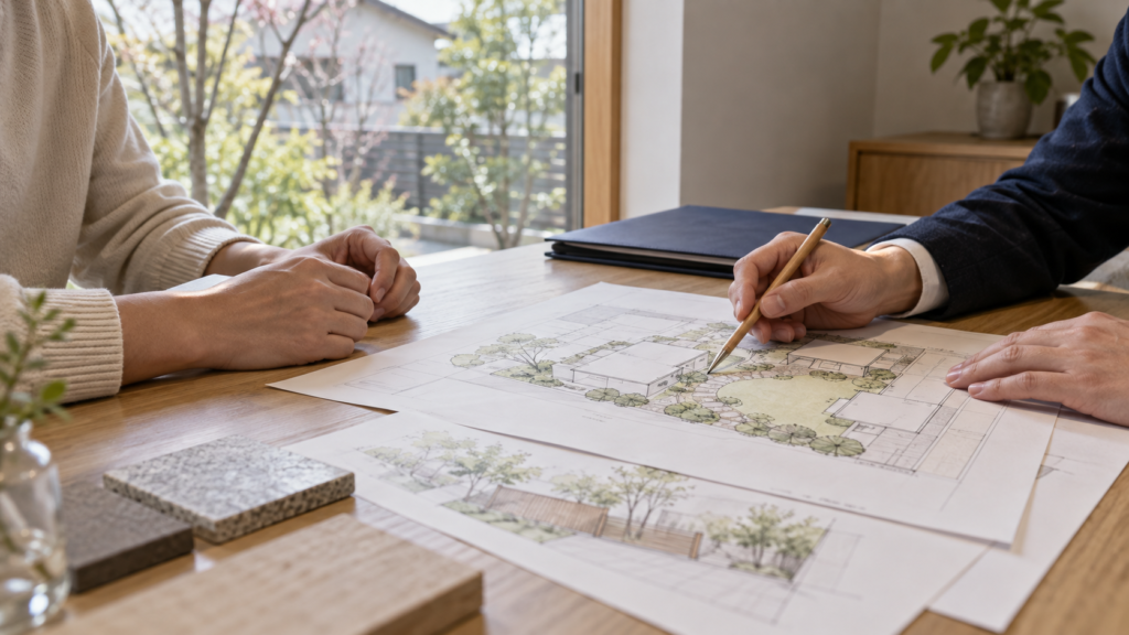 住宅外構の配置図を広げ、変更したい箇所を相談する手元