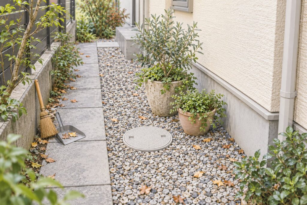 側庭の通路から雨水桝の蓋へ近づけ、鉢植えが点検を妨げない配置のイラスト