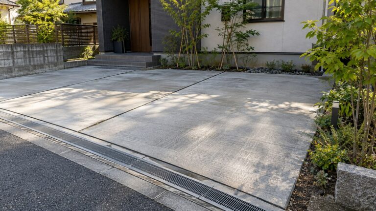 朝の光で目地と排水溝が見える住宅のコンクリート駐車場