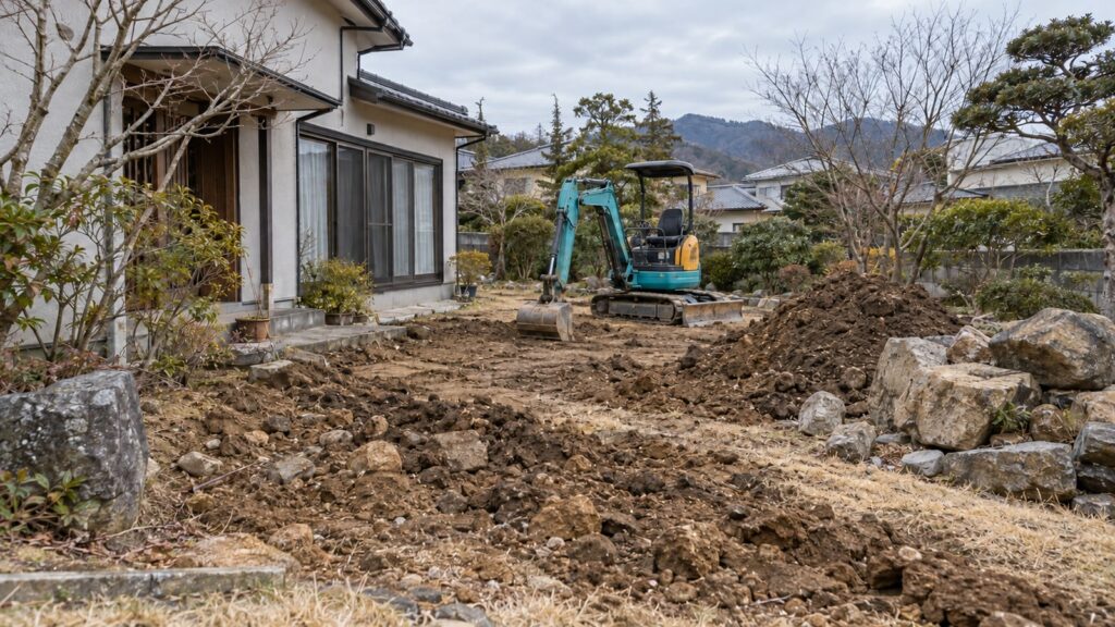冬の住宅庭で掘削した土、分けた石、停止中の小型重機がある外構工事のイメージ