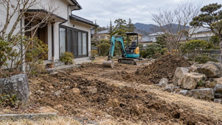 冬の住宅庭で掘削した土、分けた石、停止中の小型重機がある外構工事のイメージ