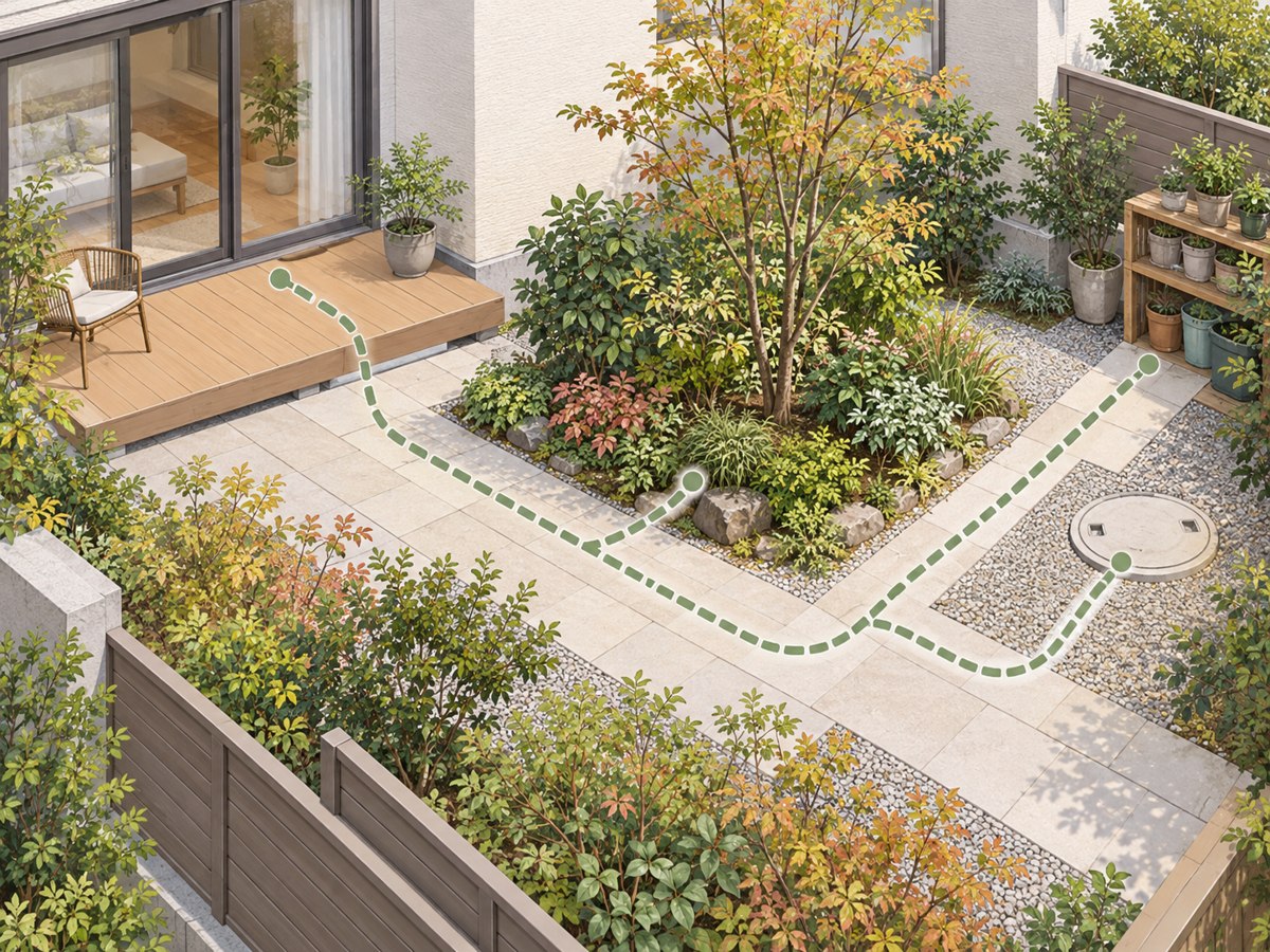 テラスから鉢置き場・植栽の手入れ場所・点検蓋へ届く経路を点線で示した庭の配置例