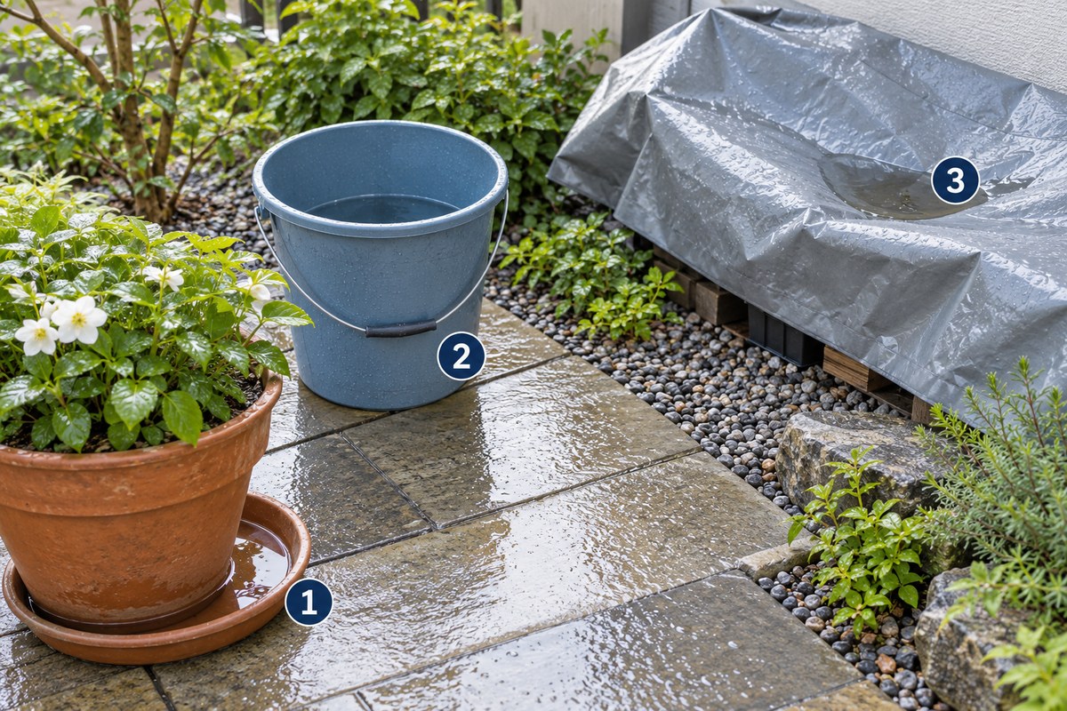 庭で水が残りやすい三つの例。1は植木鉢の受け皿、2はバケツ、3はシートのくぼみ。