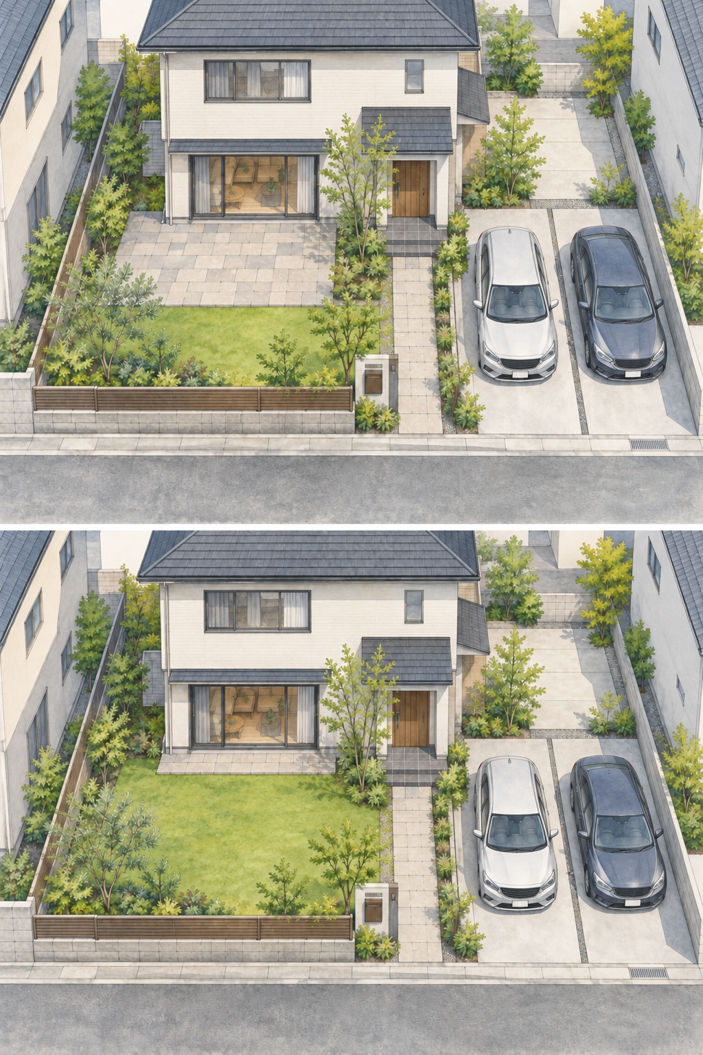 上は広い舗装テラス、下は舗装を減らして庭を広げた修正案。駐車場と玄関への通路は同じ位置に残した比較イラスト