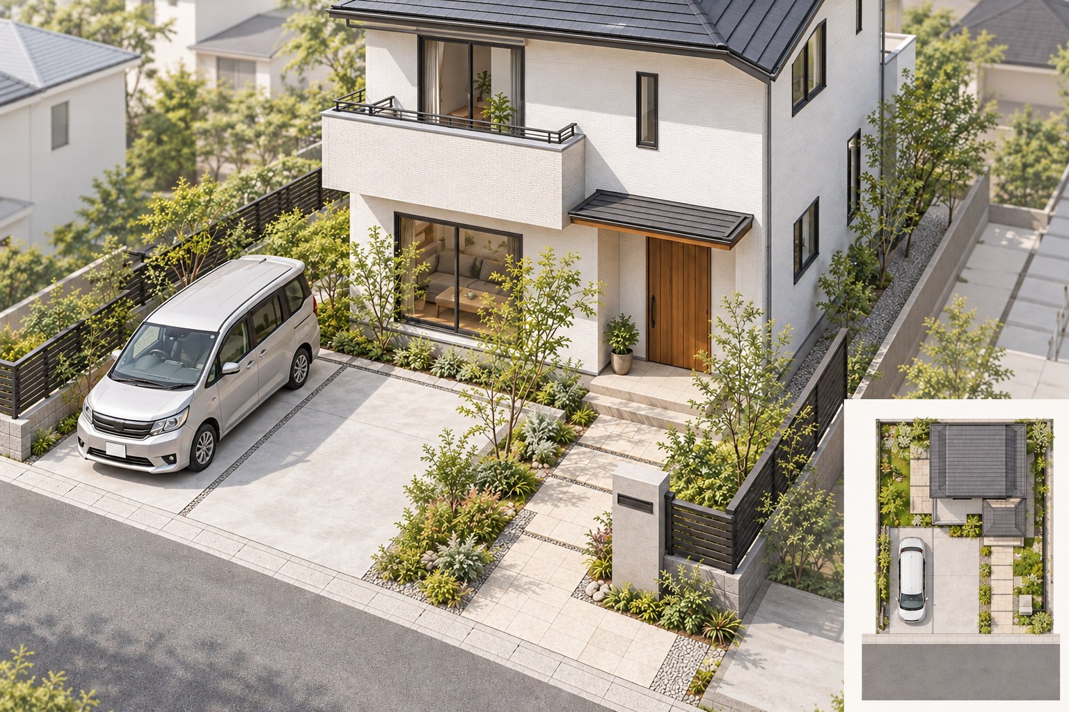 住宅の駐車場・歩行経路・玄関と上から見た配置を合わせた外構イラスト