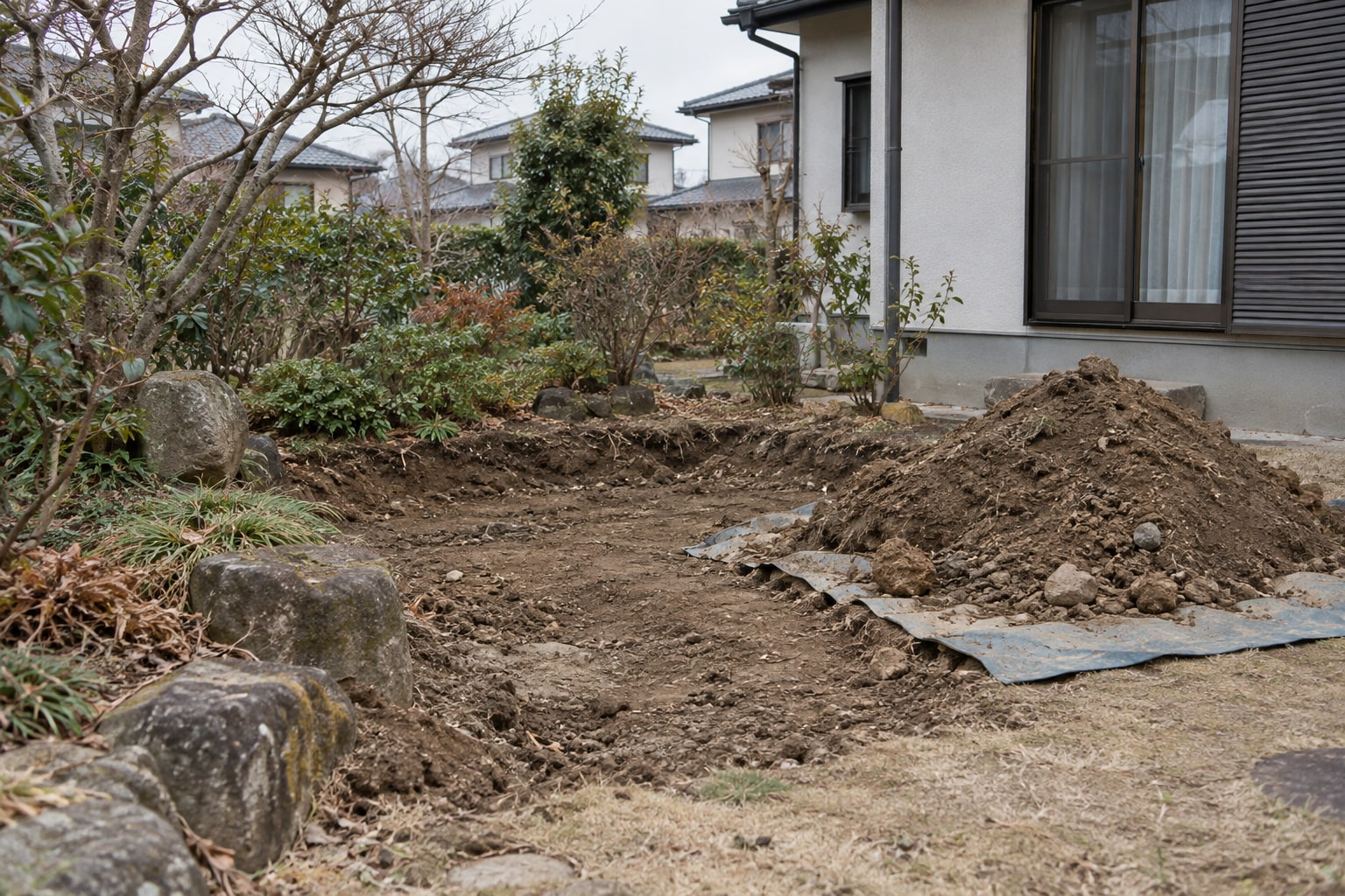 住宅の庭で浅く掘った地面、シート上の仮置き土、残した庭石を分けた説明用イメージ