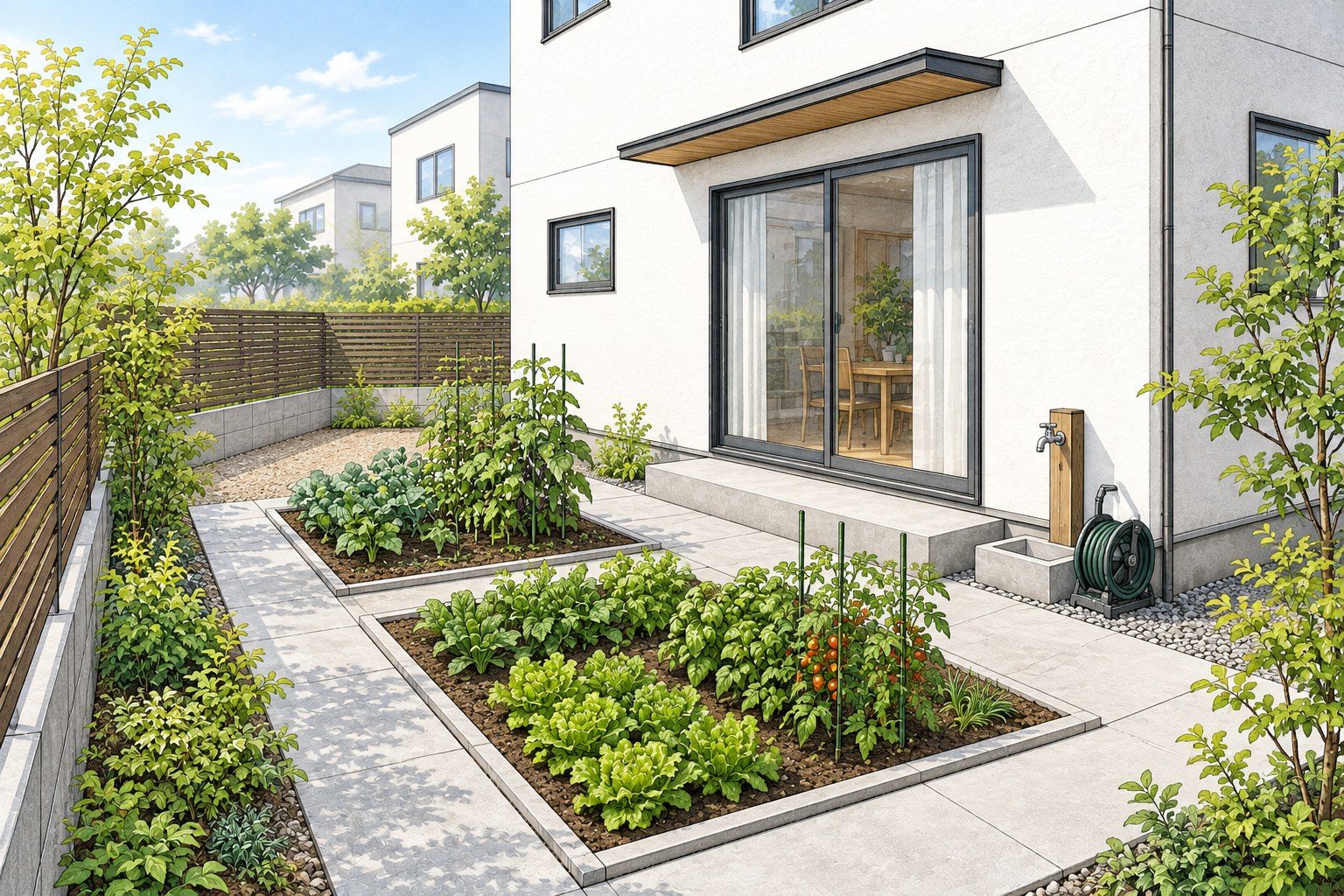 住宅の庭に小さな菜園、作業通路、水栓を組み合わせた建築パース調の配置イメージ